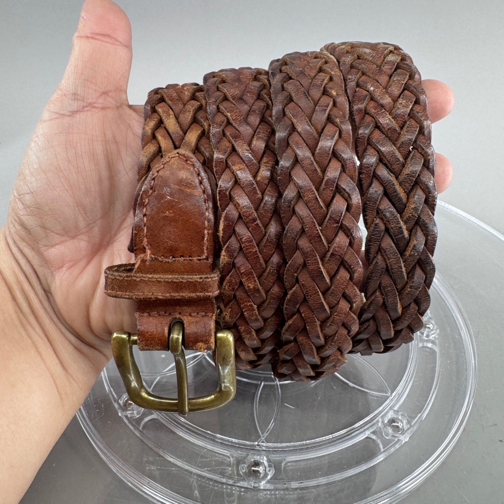 Mens Braided Woven Genuine Leather Belt Brown Brass Buckle Sz 40 Rugged Classic